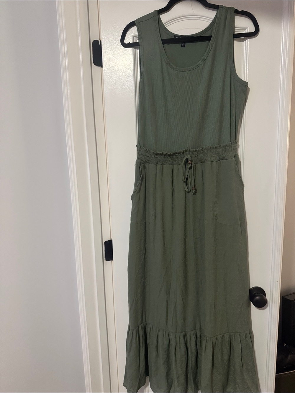 Sleeveless Olive Green Maxi Dress with Drawstring Waist